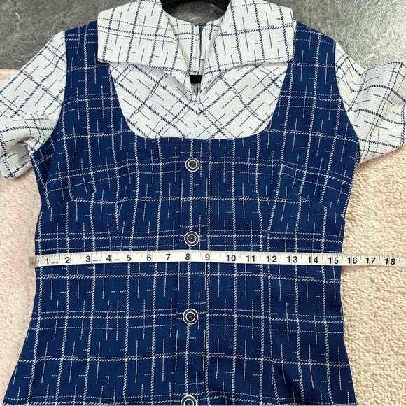 Vintage 1960s Navy and Off White Plaid Midi Dress Drop Waist Tie Belt Size 8 - Picture 7 of 12